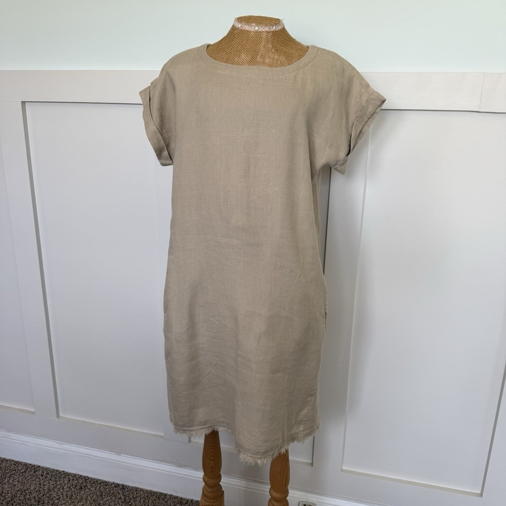 MAGASCHONI Short Sleeve 100% Linen Dress‎ SMALL Beige Fringe Pockets Minimalist